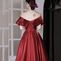 Red satin long prom dress A line evening dress - Thumbnail 5