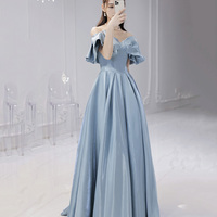 Blue satin long prom dress A line evening dress - Thumbnail 1