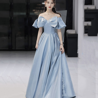 Blue satin long prom dress a line evening dress - Thumbnail 1