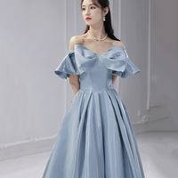 Blue satin long prom dress A line evening dress - Thumbnail 2