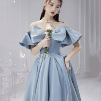 Blue satin long prom dress A line evening dress - Thumbnail 3