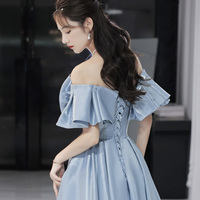 Blue satin long prom dress A line evening dress - Thumbnail 4
