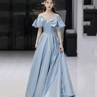 Blue satin long prom dress A line evening dress - Thumbnail 5