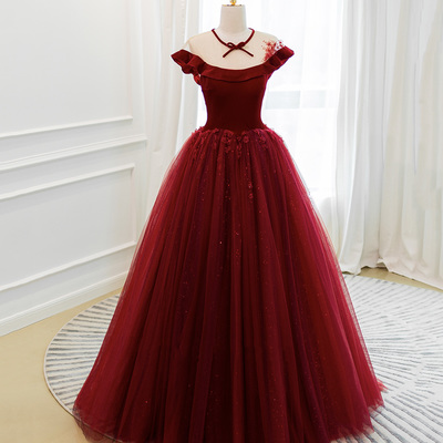 Burgundy velvet tulle long prom dress a line evening gown - Thumbnail 2