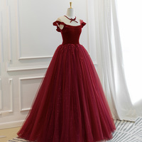 Burgundy velvet tulle long prom dress A line evening gown - Thumbnail 1