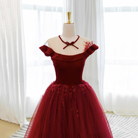 Burgundy velvet tulle long prom dress A line evening gown - Thumbnail 2