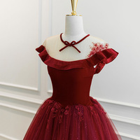 Burgundy velvet tulle long prom dress A line evening gown - Thumbnail 3