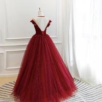 Burgundy velvet tulle long prom dress A line evening gown - Thumbnail 4