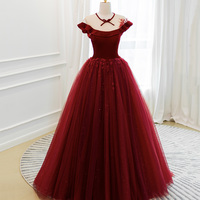 Burgundy velvet tulle long prom dress A line evening gown - Thumbnail 6
