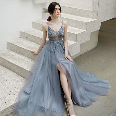 Gray tulle beads long prom dress a line evening dress - Thumbnail 3