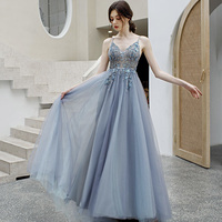 Gray tulle beads long prom dress A line evening dress - Thumbnail 1