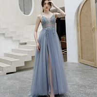 Gray tulle beads long prom dress A line evening dress - Thumbnail 2
