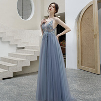 Gray tulle beads long prom dress A line evening dress - Thumbnail 3