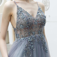 Gray tulle beads long prom dress A line evening dress - Thumbnail 5