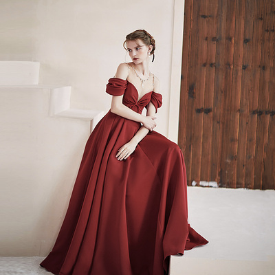 Burgundy satin long prom dress a line evening dress - Thumbnail 3