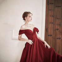 Burgundy satin long prom dress A line evening dress - Thumbnail 1