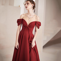 Burgundy satin long prom dress A line evening dress - Thumbnail 2