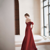 Burgundy satin long prom dress A line evening dress - Thumbnail 3