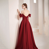 Burgundy satin long prom dress A line evening dress - Thumbnail 4