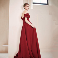 Burgundy satin long prom dress A line evening dress - Thumbnail 5