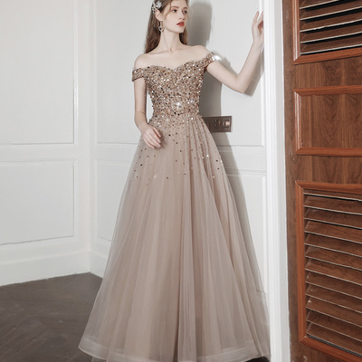 Shiny tulle sequins long prom dress a line evening dress - Thumbnail 4