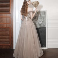 Shiny tulle sequins long prom dress A line evening dress - Thumbnail 3