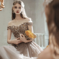 Shiny tulle sequins long prom dress A line evening dress - Thumbnail 4
