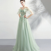 Green tulle lace long prom dress A line evening dress - Thumbnail 3
