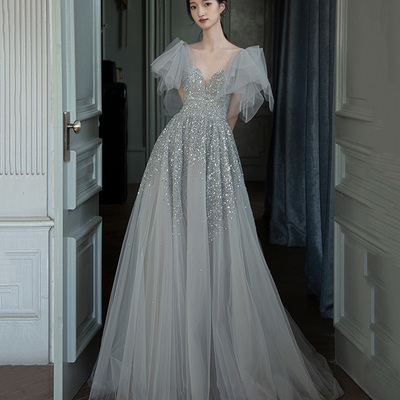 Gray tulle sequins long prom dress a line evening dress - Thumbnail 2