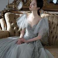 Gray tulle sequins long prom dress A line evening dress - Thumbnail 1