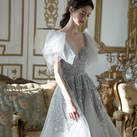 Gray tulle sequins long prom dress A line evening dress - Thumbnail 2