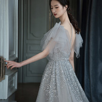 Gray tulle sequins long prom dress A line evening dress - Thumbnail 3