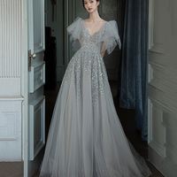 Gray tulle sequins long prom dress A line evening dress - Thumbnail 5