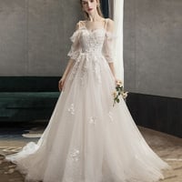 Cute tulle lace long prom dress A line evening dress - Thumbnail 1