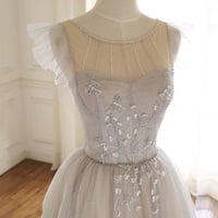 Cute tulle beads long prom dress A line evening dress - Thumbnail 1