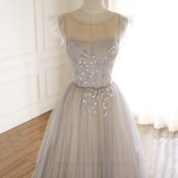 Cute tulle beads long prom dress A line evening dress - Thumbnail 2