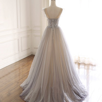 Cute tulle beads long prom dress A line evening dress - Thumbnail 3