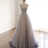Cute tulle beads long prom dress A line evening dress - Thumbnail 4