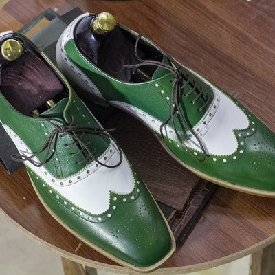 Handmade green white wing tip shoes, oxfords men dress shoes - Thumbnail 3