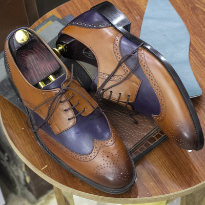 Handmade blue brown wing tip shoes, oxfords men dress shoes - Thumbnail 1