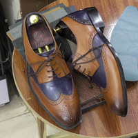 Handmade Blue Brown Wing Tip Shoes, Oxfords Men Dress Shoes - Thumbnail 1