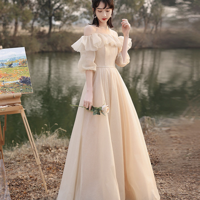 Cute tulle sequins long prom dress a line evening dress