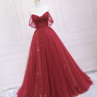 Red tulle sequins long prom dress A line evening dress - Thumbnail 2