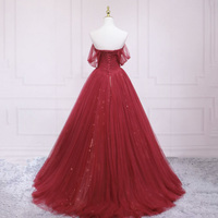 Red tulle sequins long prom dress A line evening dress - Thumbnail 3
