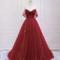 Red tulle sequins long prom dress A line evening dress - Thumbnail 4