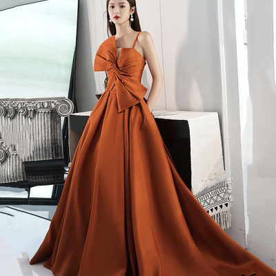 Orange satin long prom dress with bow a line formal dress - Thumbnail 4