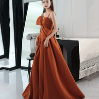 Orange satin long prom dress with bow A line formal dress - Thumbnail 1