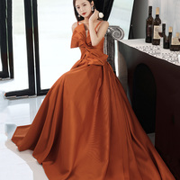 Orange satin long prom dress with bow A line formal dress - Thumbnail 2