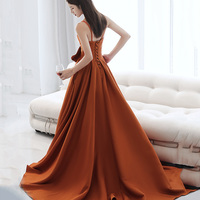 Orange satin long prom dress with bow A line formal dress - Thumbnail 3