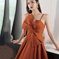 Orange satin long prom dress with bow A line formal dress - Thumbnail 4